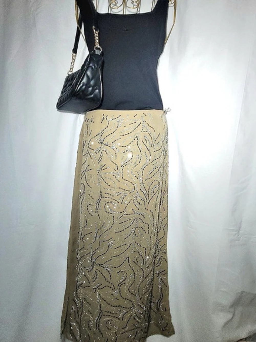 H&M Edition rhinestone embellished midi skirt in khaki Size 4